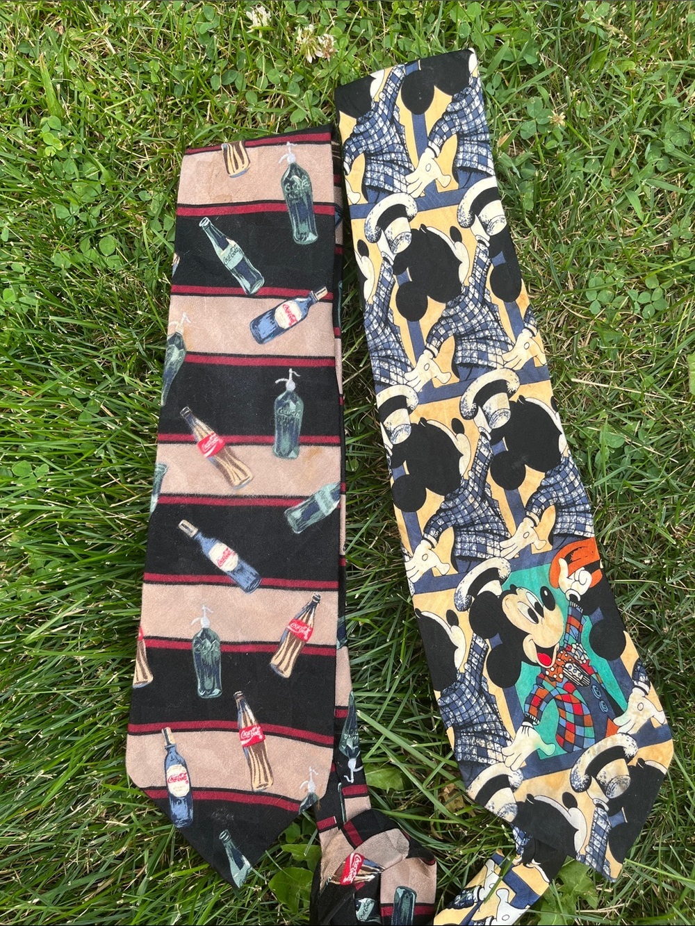 2 vintage Coca-Cola Bottle & Cartoon Mickey Tie Duo - Black, Tan, Yellow silk